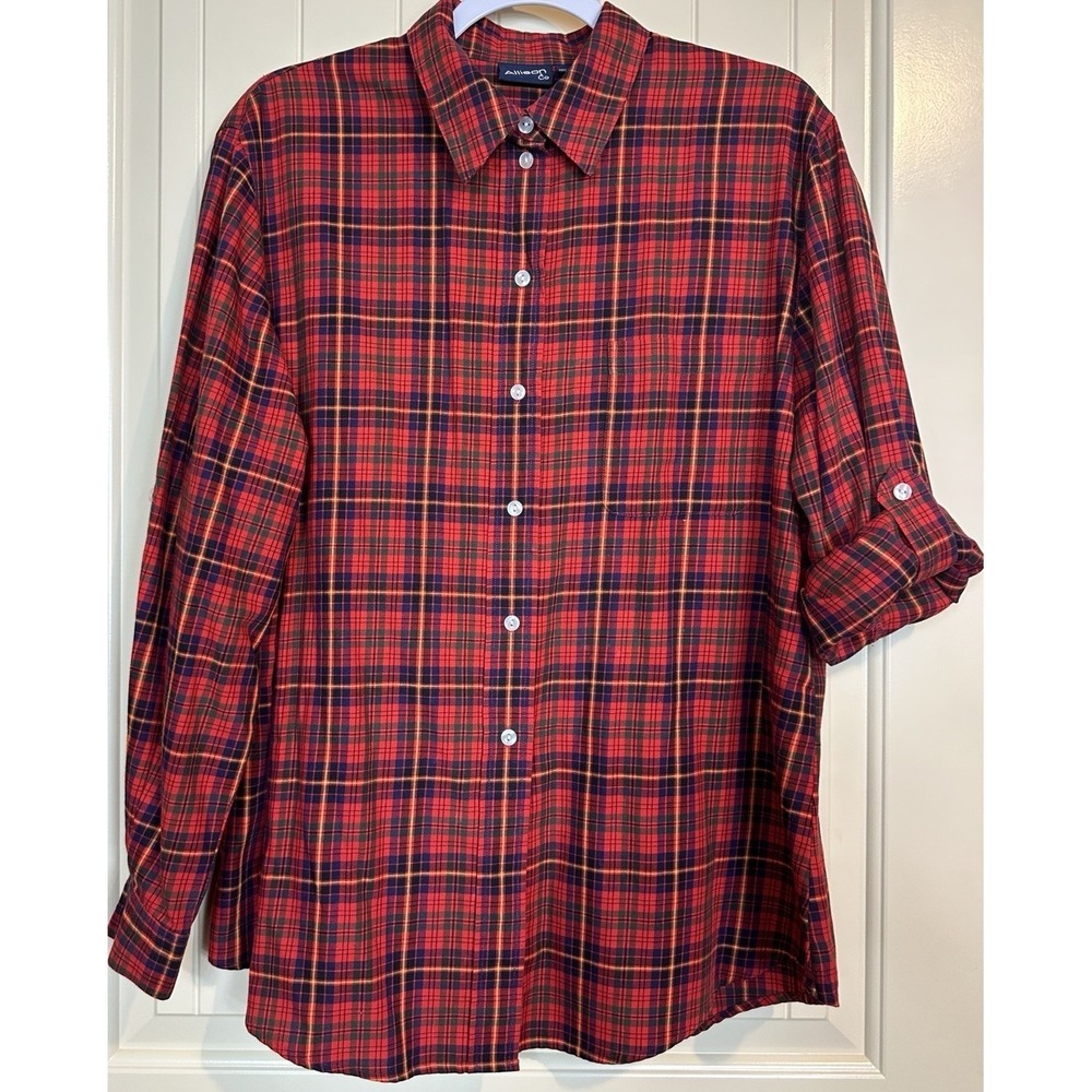 Allison & Co Sz  L Cotton Red Plaid roll tab Long Sleeve button up Shirt Holiday
